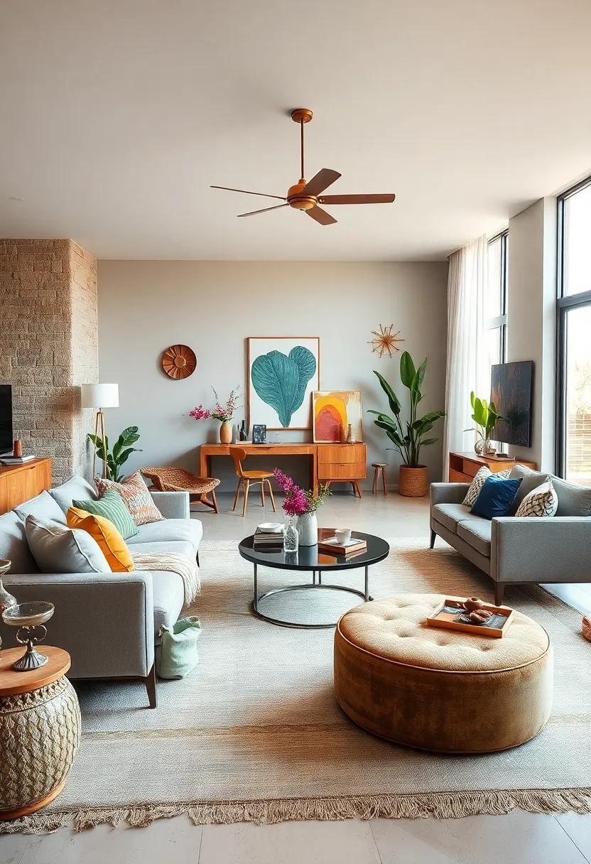 Integrate Functional Art: ‌Use furniture that serves a dual purpose, like storage ottomans or​ coffee tables​ with artistic designs, harmonizing both mid-century principles of practicality and ⁤bohemian creativity