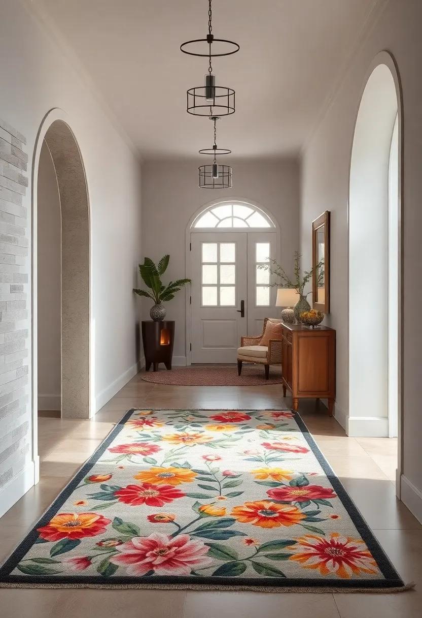 Bold, colorful ⁣blooms on⁣ a ‍traditional ⁤rug add⁣ a lively touch‌ to a neutral hall