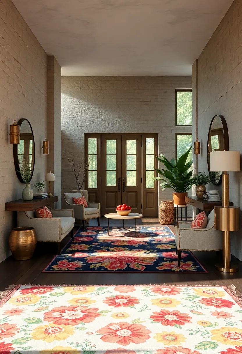 A bright⁣ floral rug brightening a dark hardwood ⁣floor ​introduces cheerful warmth