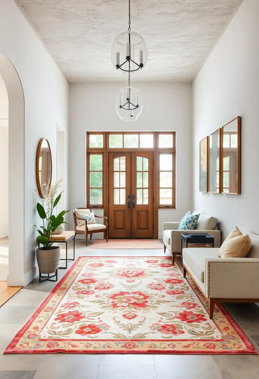 A cozy entryway adorned ⁤with a vintage floral rug that​ invites warmth and nostalgia