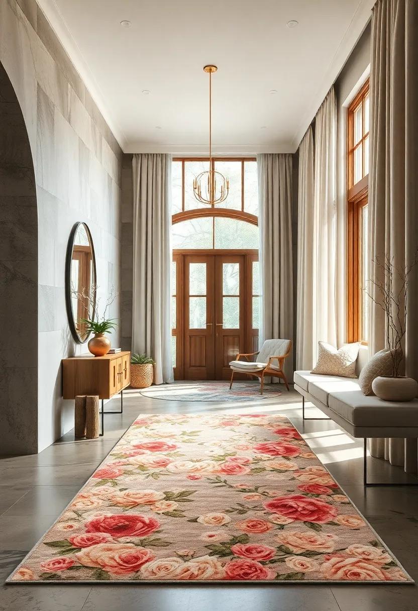 Delicate roses weave through an inviting rug, complementing soft linen curtains nearby