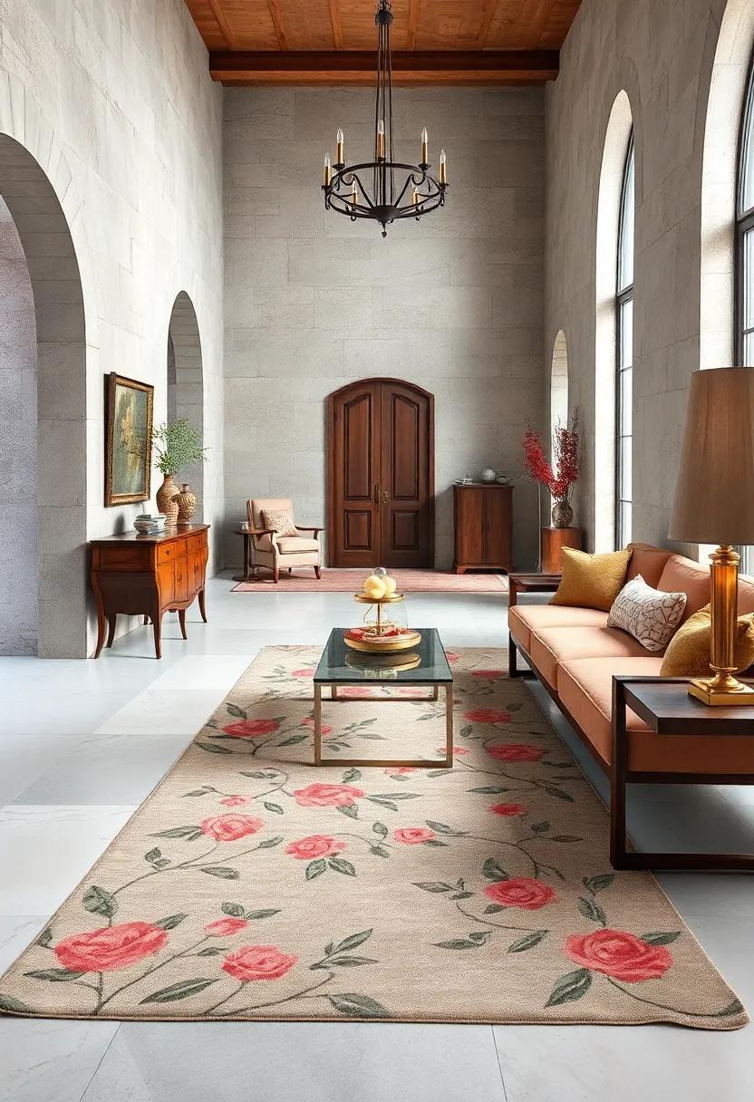 A delicate vine and petal design rug anchors a ⁣space⁣ filled with antique wooden furniture