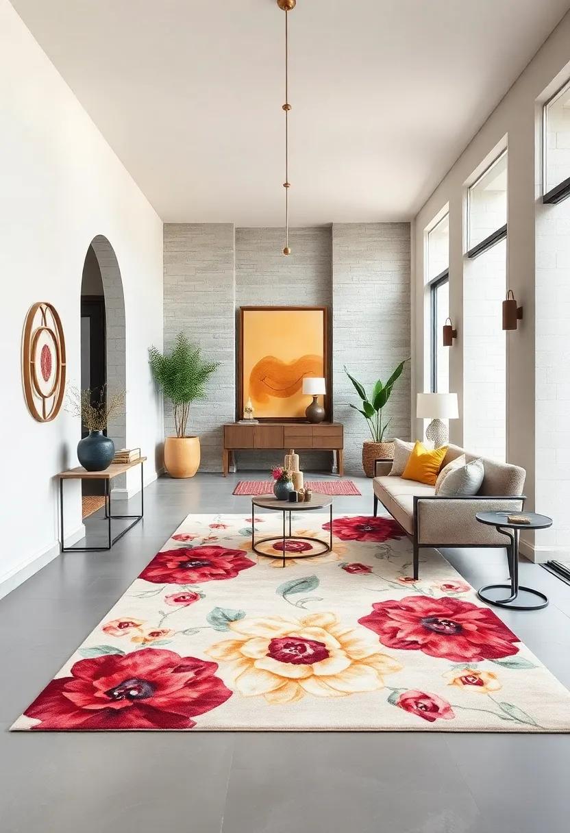 An entryway ‌featuring a large flower-patterned rug ⁢that sets a welcoming tone immediately