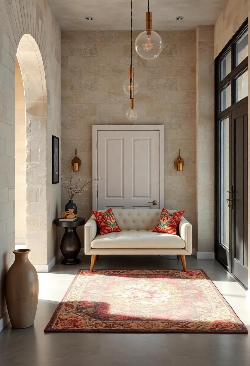 An‍ entryway‍ layered with a floral rug and ‌tufted bench for​ a cozy, layered look