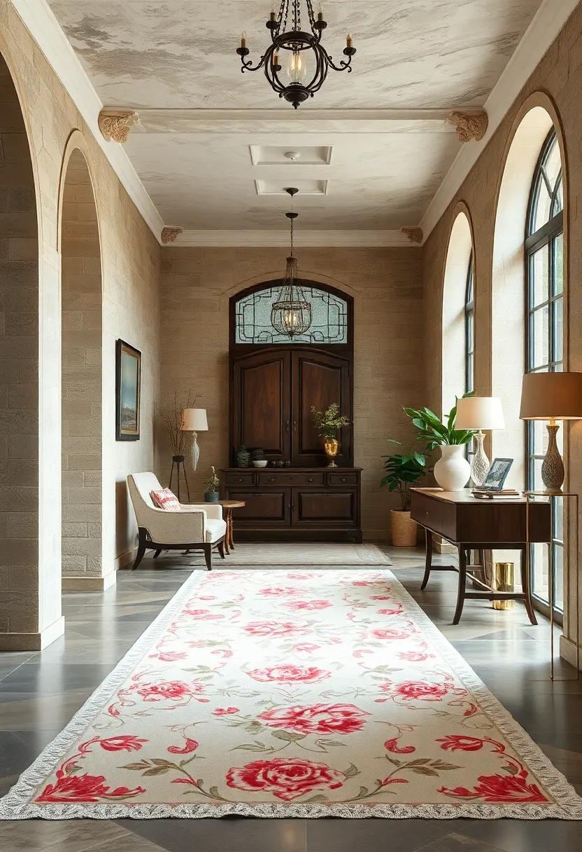 A faded floral‌ carpet with a hint of lace⁤ trim captures the essence of old-world charm