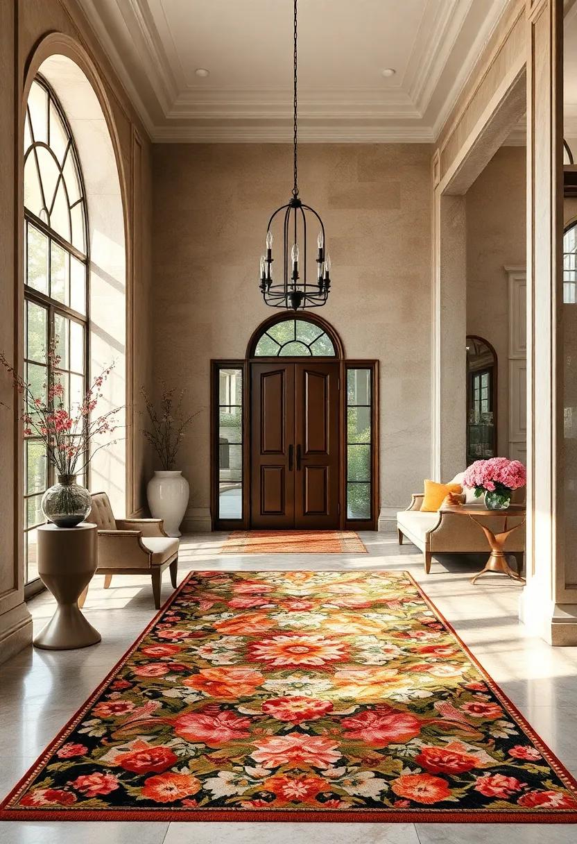 A floral medallion rug centers‌ a grand entry with classic molding‍ and fresh flowers