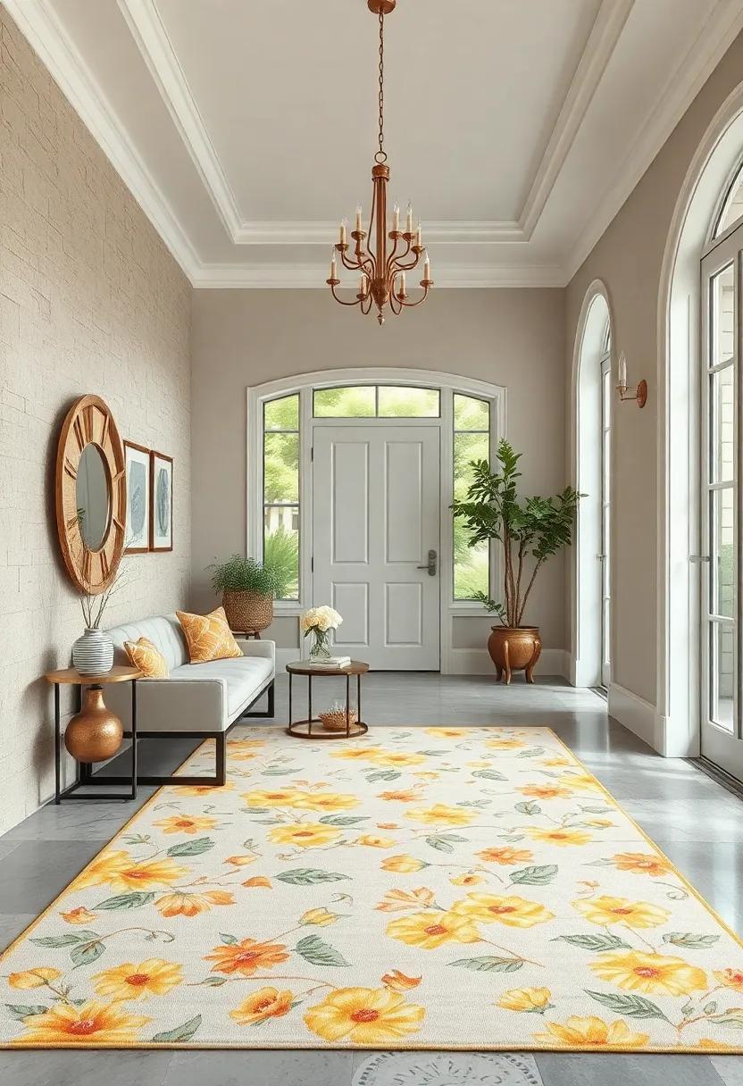 A floral rug featuring soft yellows paired with crisp ⁤white trim balances cheer and refinement