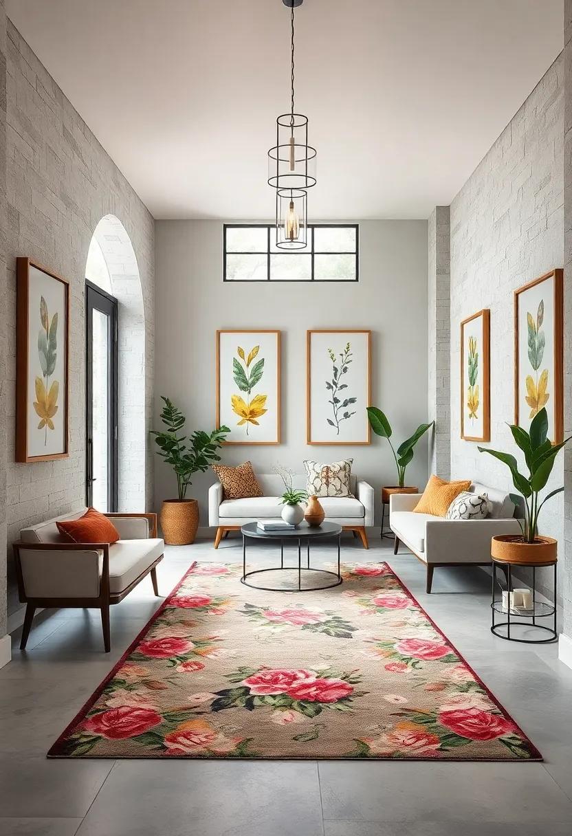 Framed botanical prints and a floral rug create a cohesive,‍ charming visual welcome