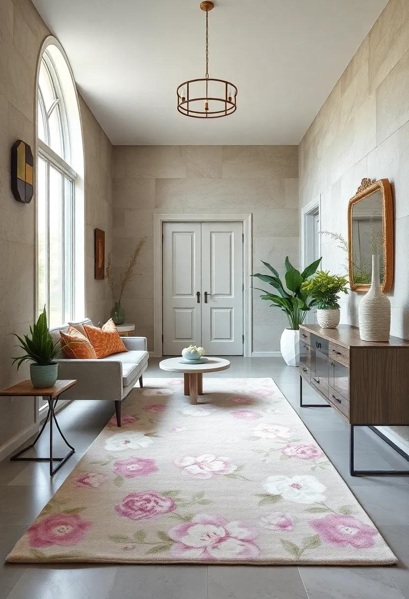 Fresh lavender⁢ and sage tones in a floral rug ⁤add subtle color to a‍ serene entry