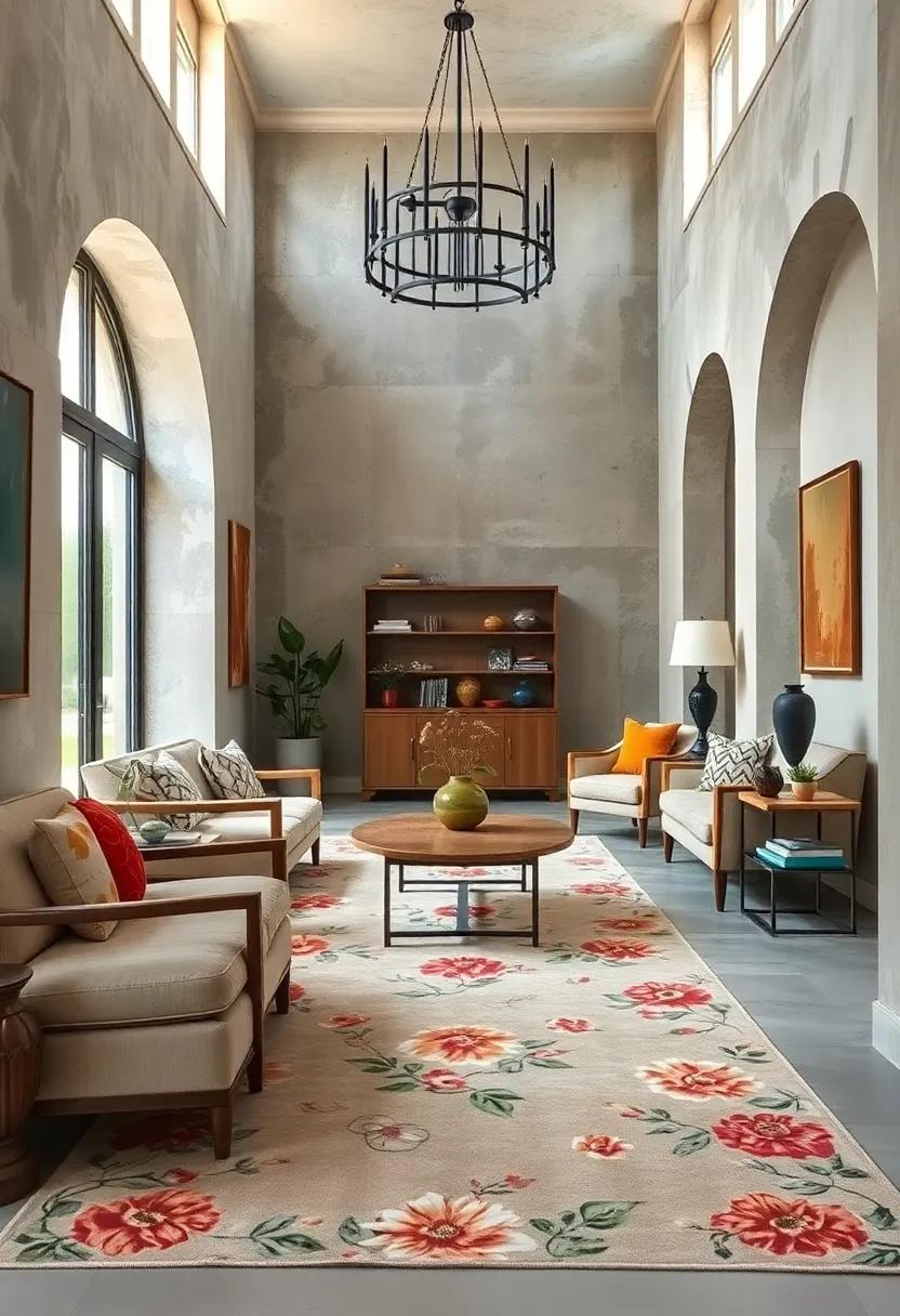 A muted floral pattern rug grounding a space filled with eclectic vintage furnishings