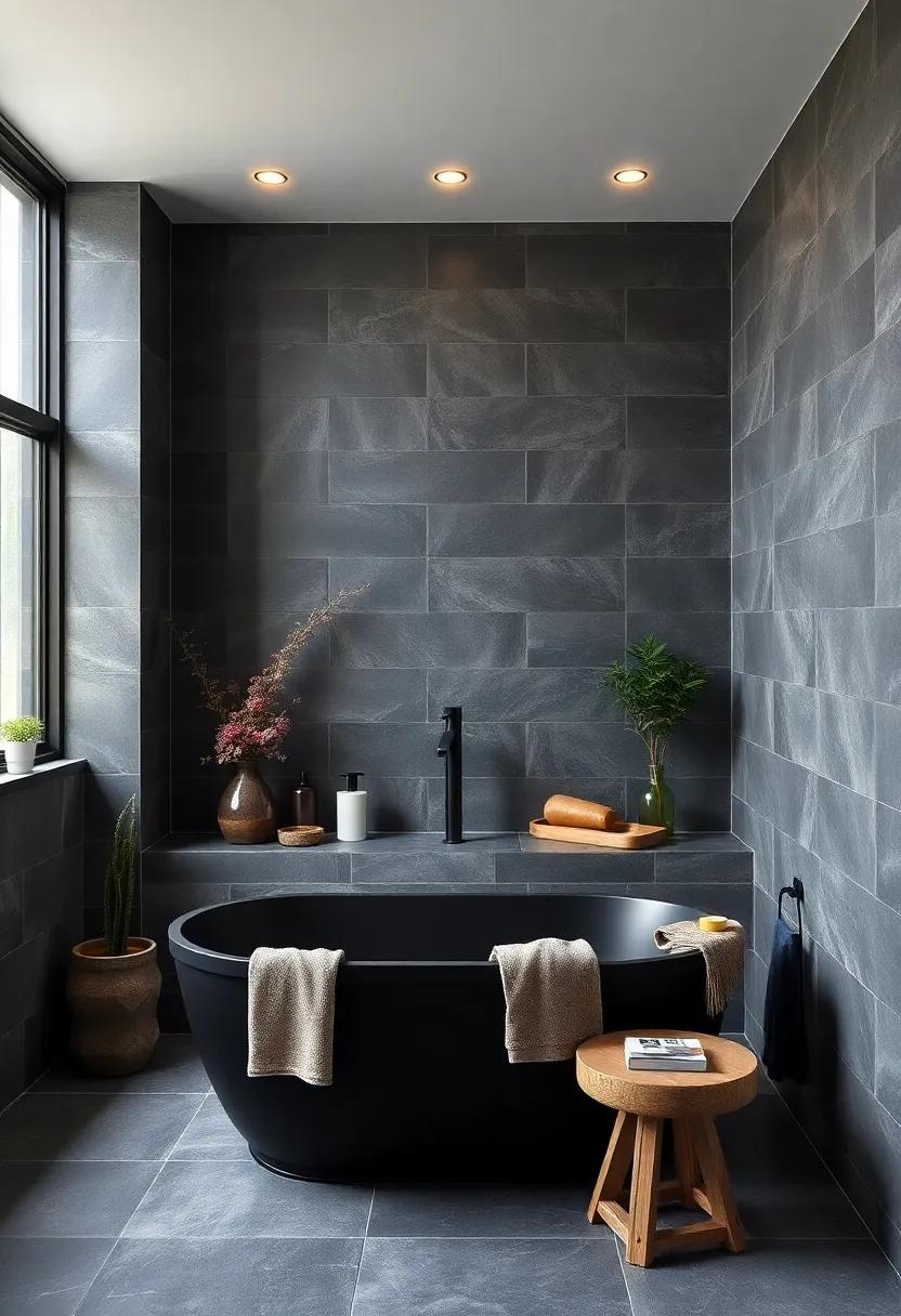 Embrace the Depth: A black matte bathtub set against‍ a ​backdrop ‍of slate gray ​tiles captures a bold elegance, transforming the⁢ bathroom ‍into a serene spa-like retreat