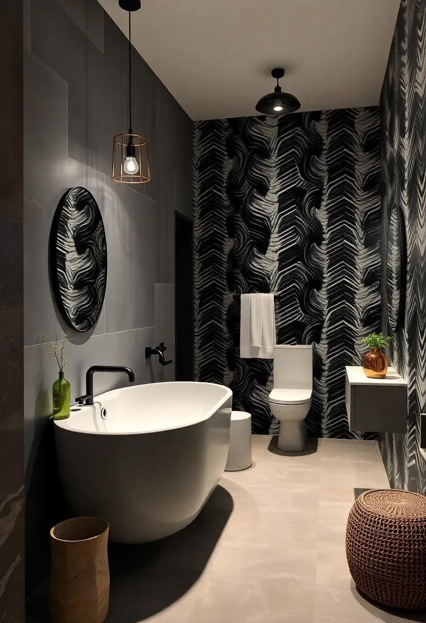 Graphic ‌Patterns: Introduce striking black-and-white ‌wallpaper to make a bold statement, harmonizing with simple dark fixtures for visual cohesion