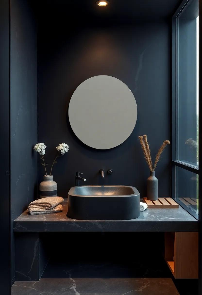 Minimalist Elegance: A sleek, veined dark stone‌ sink serves as the focal point against a simple black backdrop, celebrating purity and craftsmanship in design