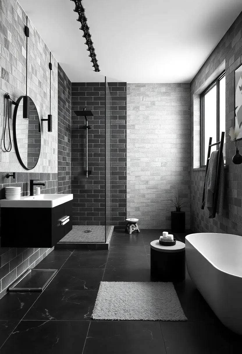 Monochrome Marvel: A striking black-and-white ​theme combines geometric tiles with sleek, modern furniture, emphasizing minimalist lines while delivering a dramatic impact