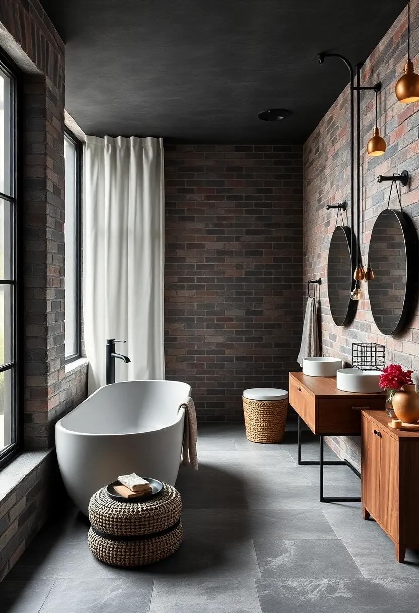 Rustic Charm: Exposed⁣ brick walls painted in deep charcoal create an inviting ‌contrast with ⁢rustic wooden accents, melding industrial vibes ⁣with cozy charm