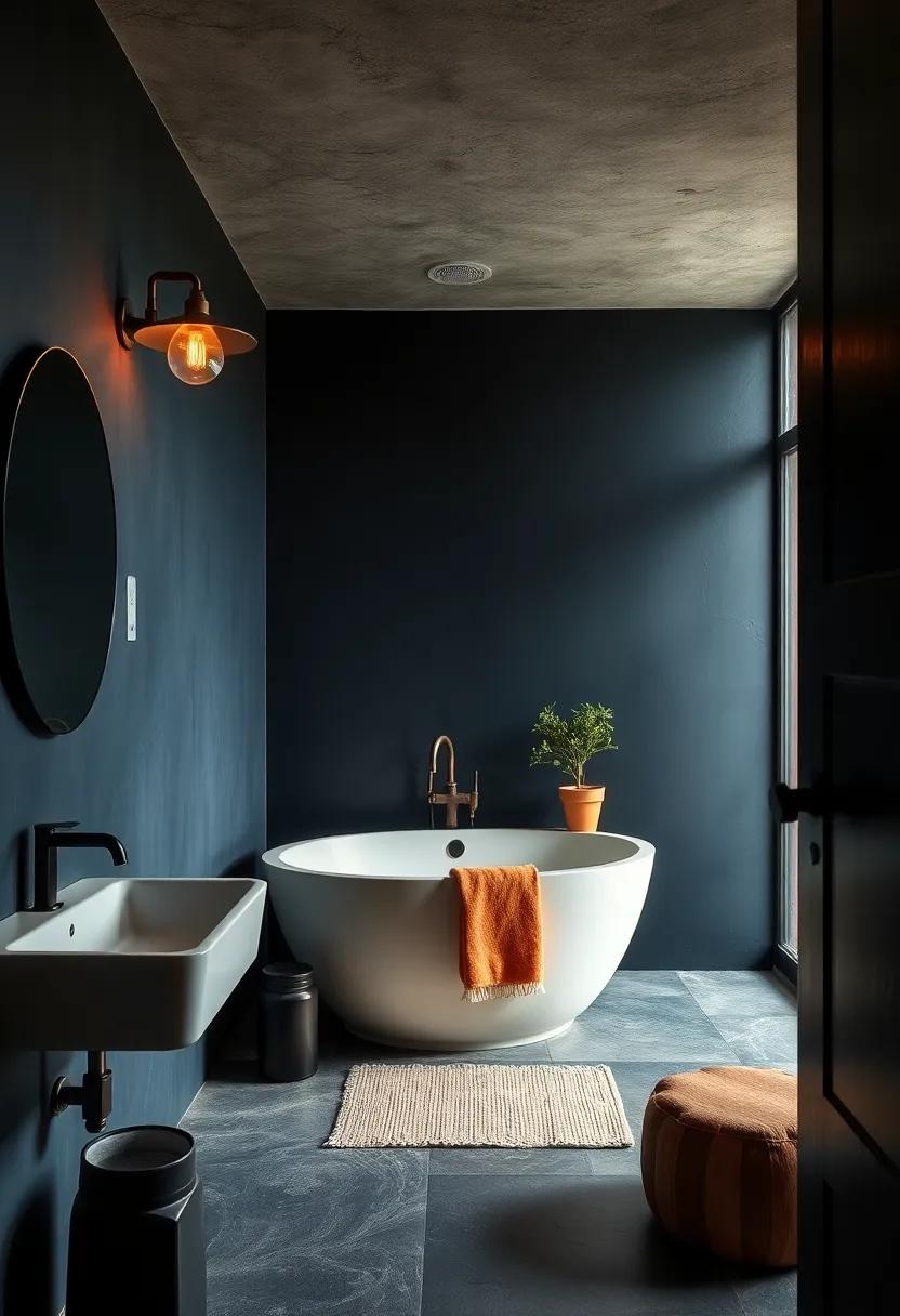 Shadowy Sanctuary: A deep navy-blue wall adorned​ with vintage plumbing fixtures brings an unexpected twist to the classic industrial theme, ⁤creating a unique sanctuary