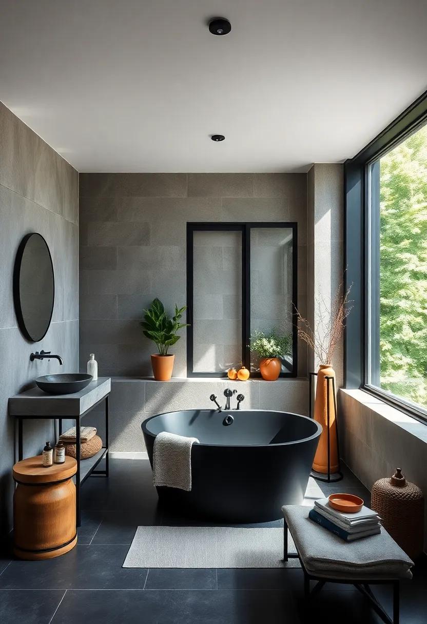 Tub With a⁢ View: ‌Position an oversized black soaking tub next to a large window, allowing natural ‍light to enhance the ⁢richness of the dark tones while creating an airy atmosphere
