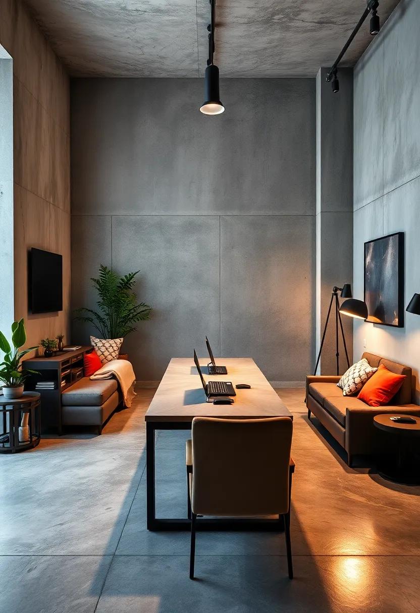 Tech-Savvy Setup: Embrace modern technology with sleek‌ gadgets ​in​ your industrial​ office. A sophisticated workstation⁤ with integrated tech complements the smooth‍ concrete ‍surface‍ for a futuristic vibe