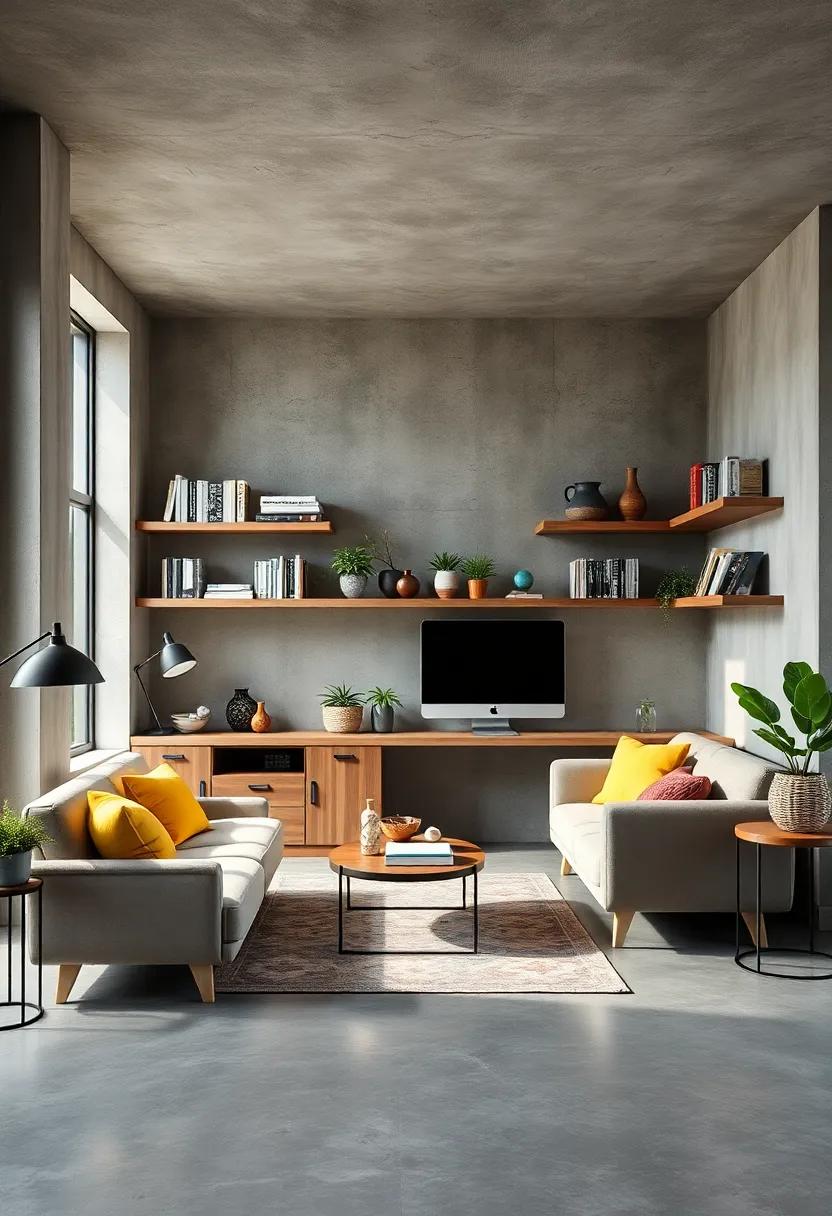 Functional ⁢Organization: Maximize‌ efficiency​ with smart⁣ storage solutions. Floating shelves‌ mounted⁣ on concrete walls free up floor space while offering a ⁤stylish‍ method to display your books ⁢and decor