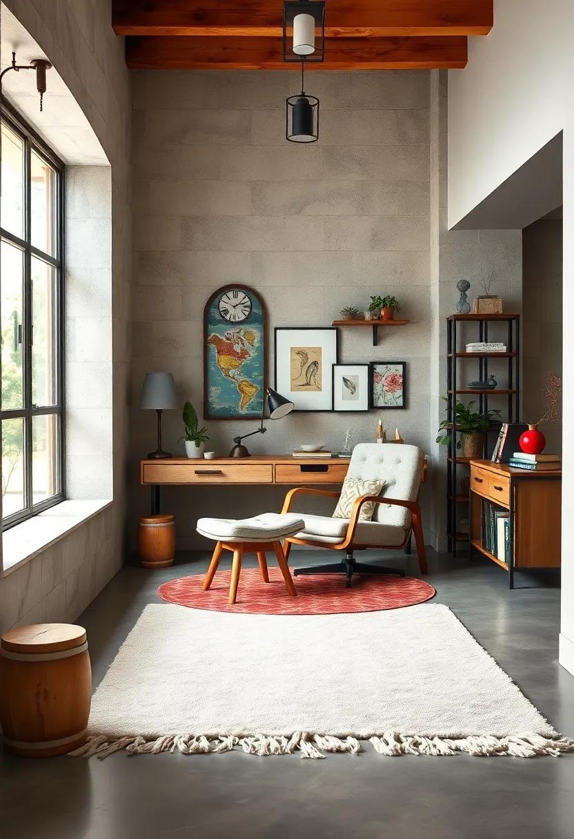 Cozy Nooks: Carve out a cozy reading nook in your home office.A cushioned chair on a plush rug overlaid on concrete creates a warm⁣ contrast, making it a perfect spot for relaxation ⁣or inspiration