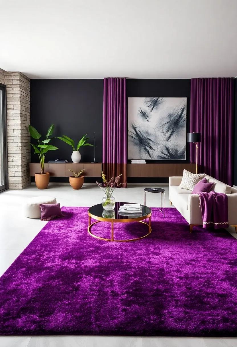 Rich⁤ Purple Area Rug: Anchor your room⁢ with a stunning area⁤ rug in deep purple, creating a focal point‌ that pulls together ‌your furniture and⁢ decor