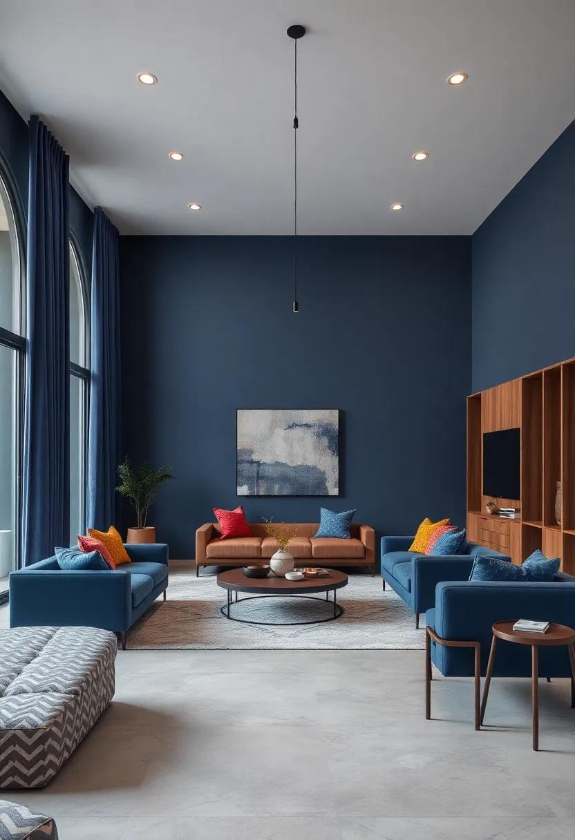 Midnight Blue ‌and Walnut Wood: Blend ⁣deep blue shades⁣ with rich walnut‍ wood⁤ finishes for a refined and inviting interior