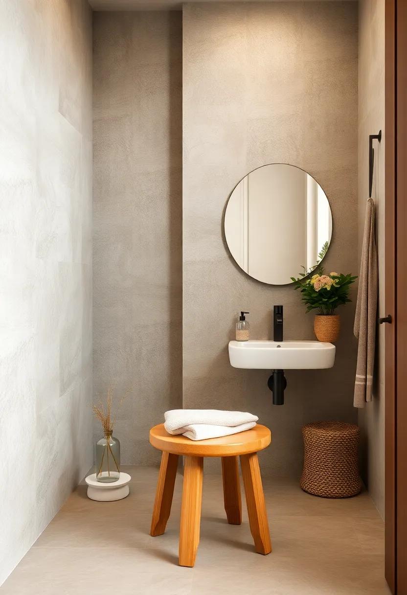 Add a simple wooden stool in warm beige for extra seating or as a towel stand