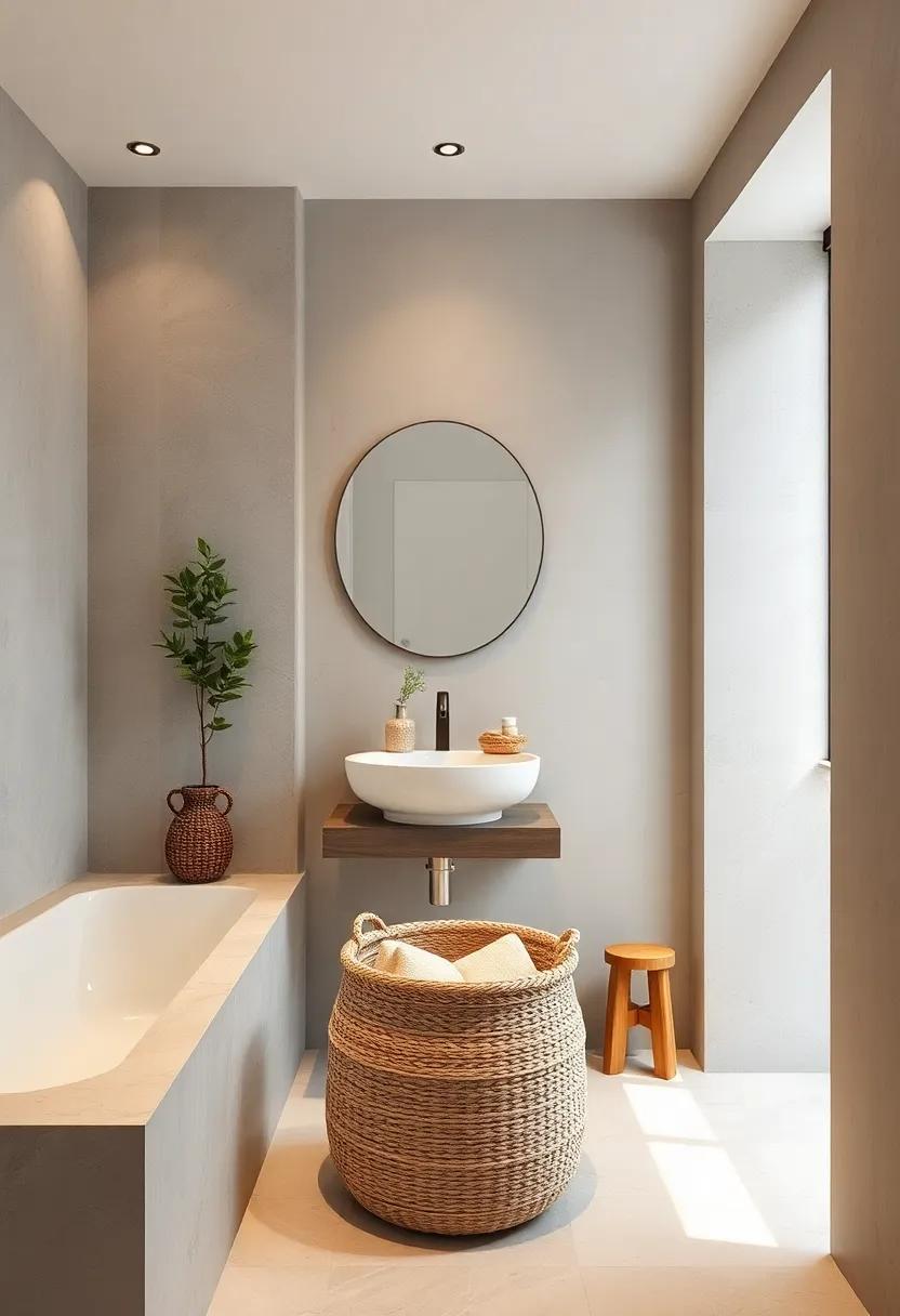 Add a woven basket in natural tones to neatly store towels while contributing warmth