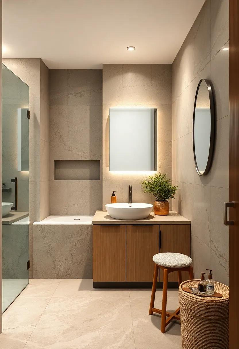 Incorporate a slim storage cabinet with frosted doors to conceal essentials subtly