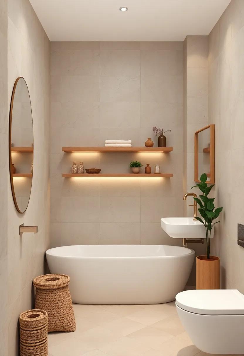 Install floating shelves in soft beige for stylish storage without cluttering the floor