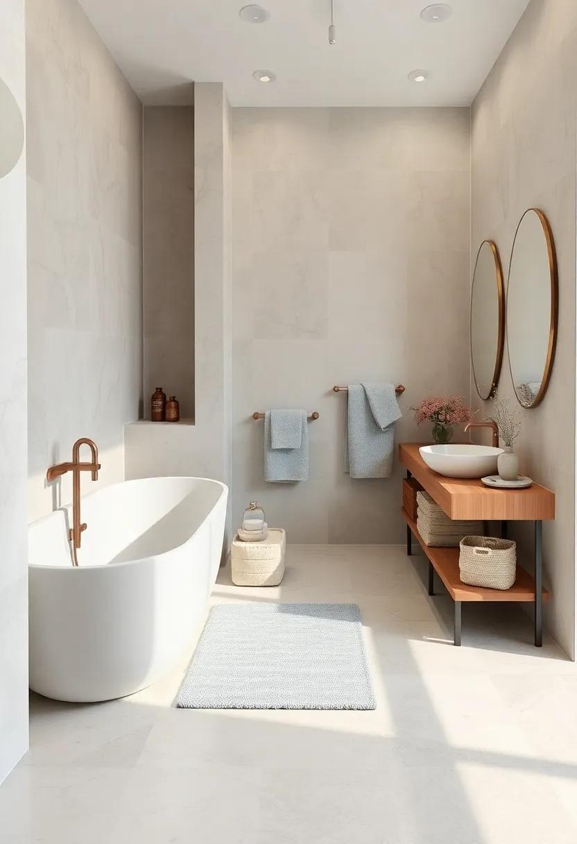 Layer soft gray bath linens to create a cohesive, soothing palette throughout the space