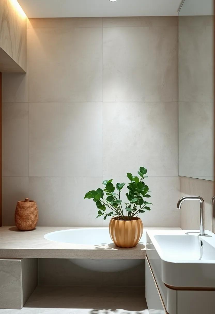 Place a small eucalyptus plant in a beige ceramic pot to introduce organic freshness