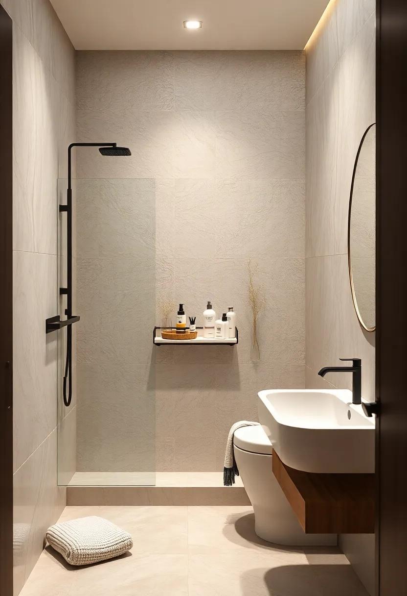 Use a minimalist, neutral-toned shower caddy to keep bath products organized without distraction