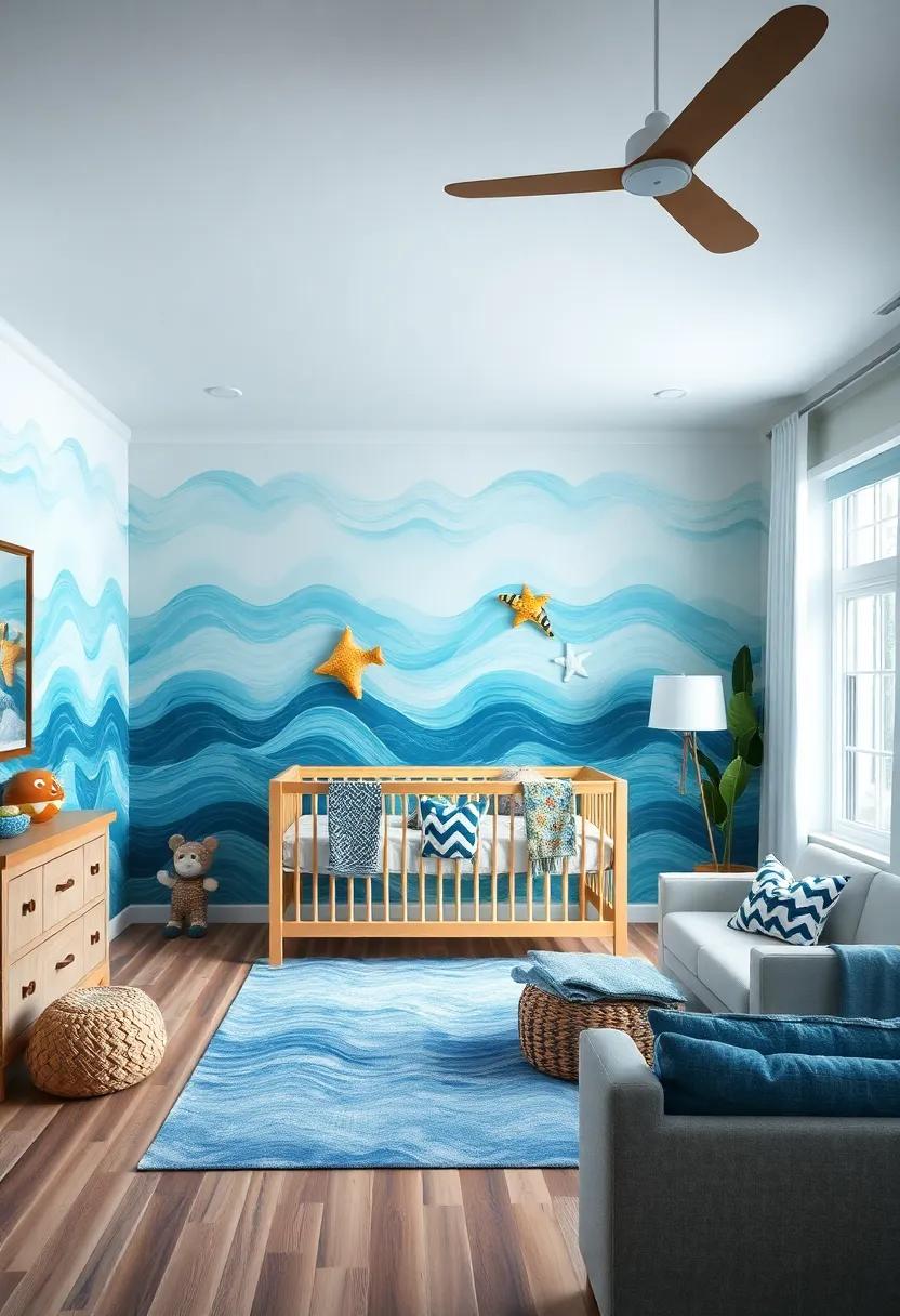 Ocean Wave Accent Paint: Paint⁣ the bottom portion of ⁢the⁣ walls in wave-like patterns to add movement and a sense of flow to the nursery