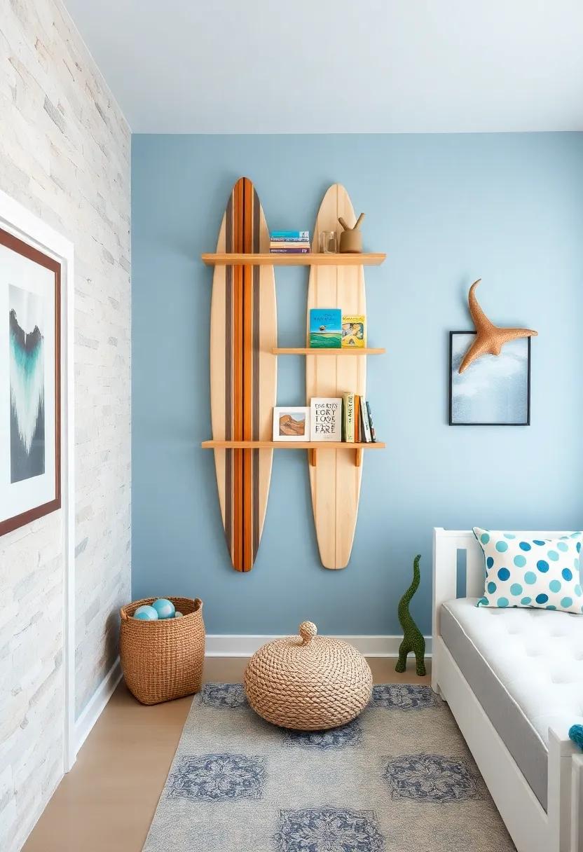 Surfboard Shelves: Install shelves shaped like surfboards⁣ to display ‌books and toys while adding a fun‌ coastal flair to the nursery