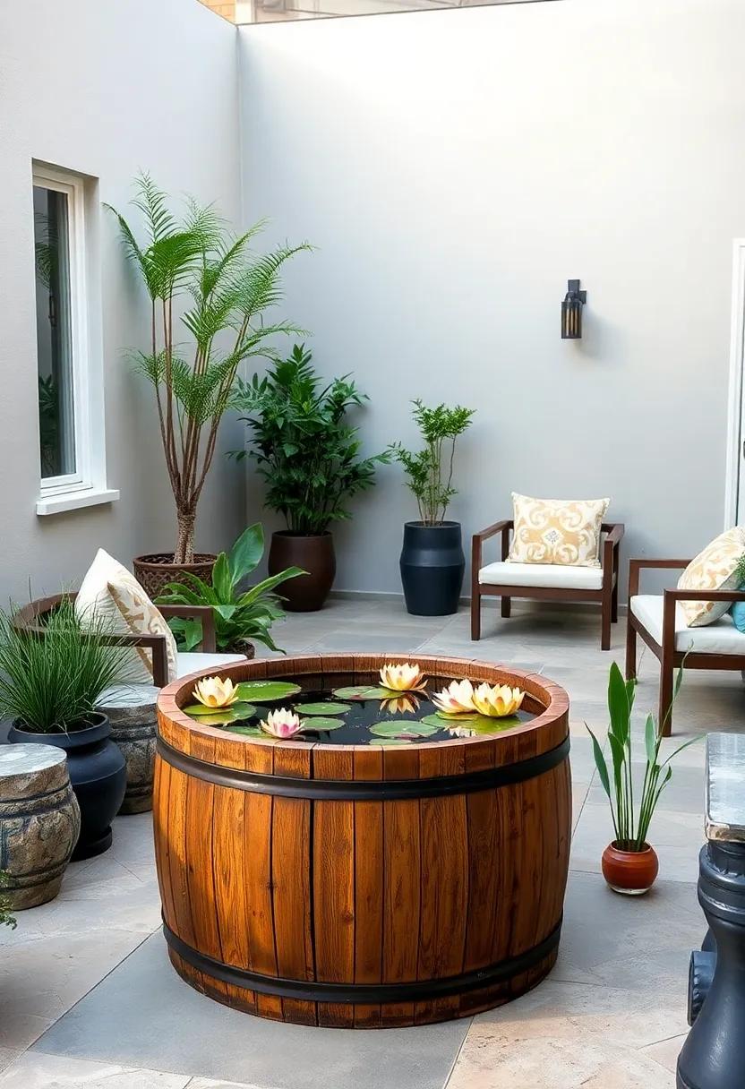 Rustic Wooden Barrel Pond with floating Water Lilies