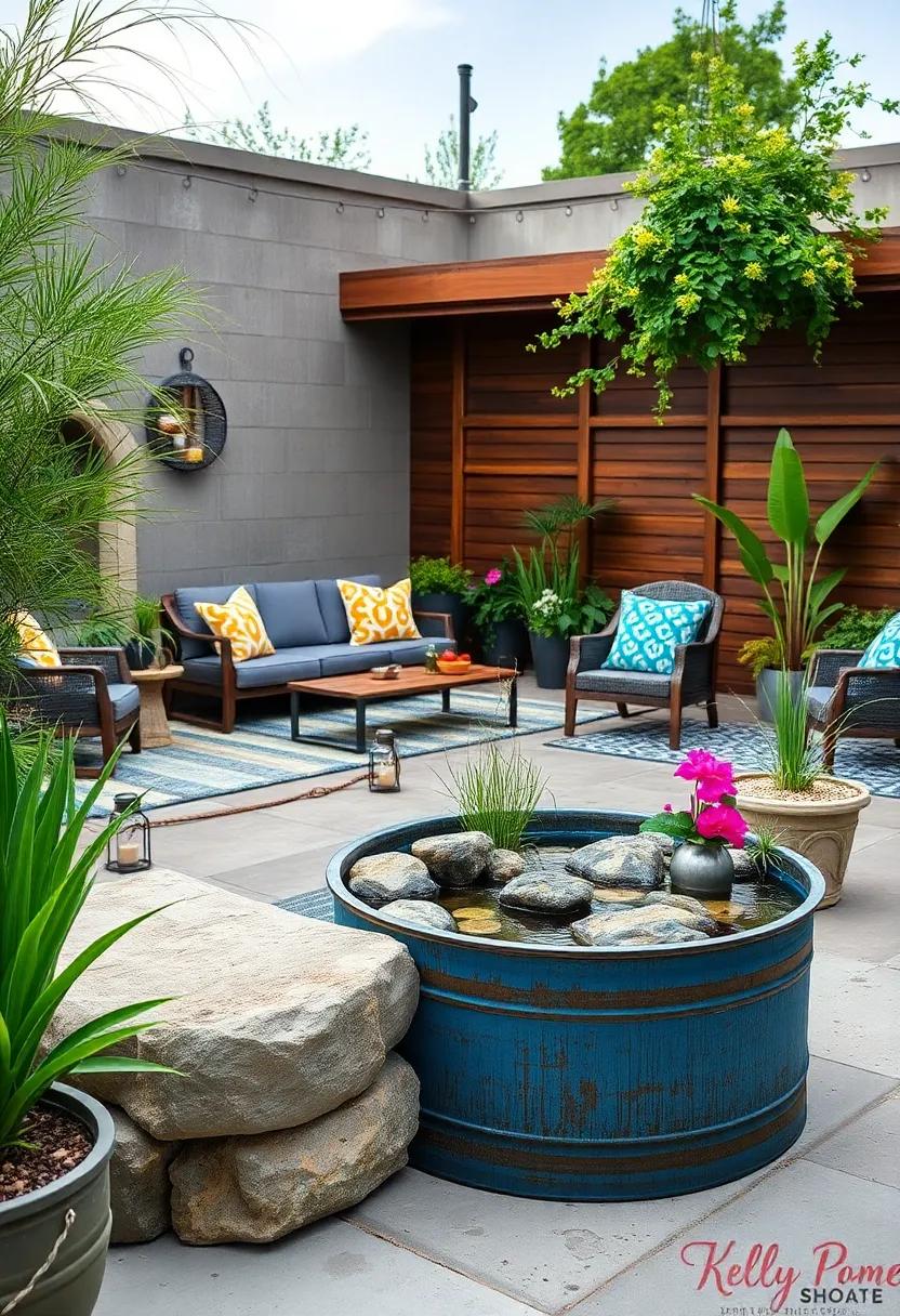 Painted Barrel Pond with a Vibrant Garden Theme