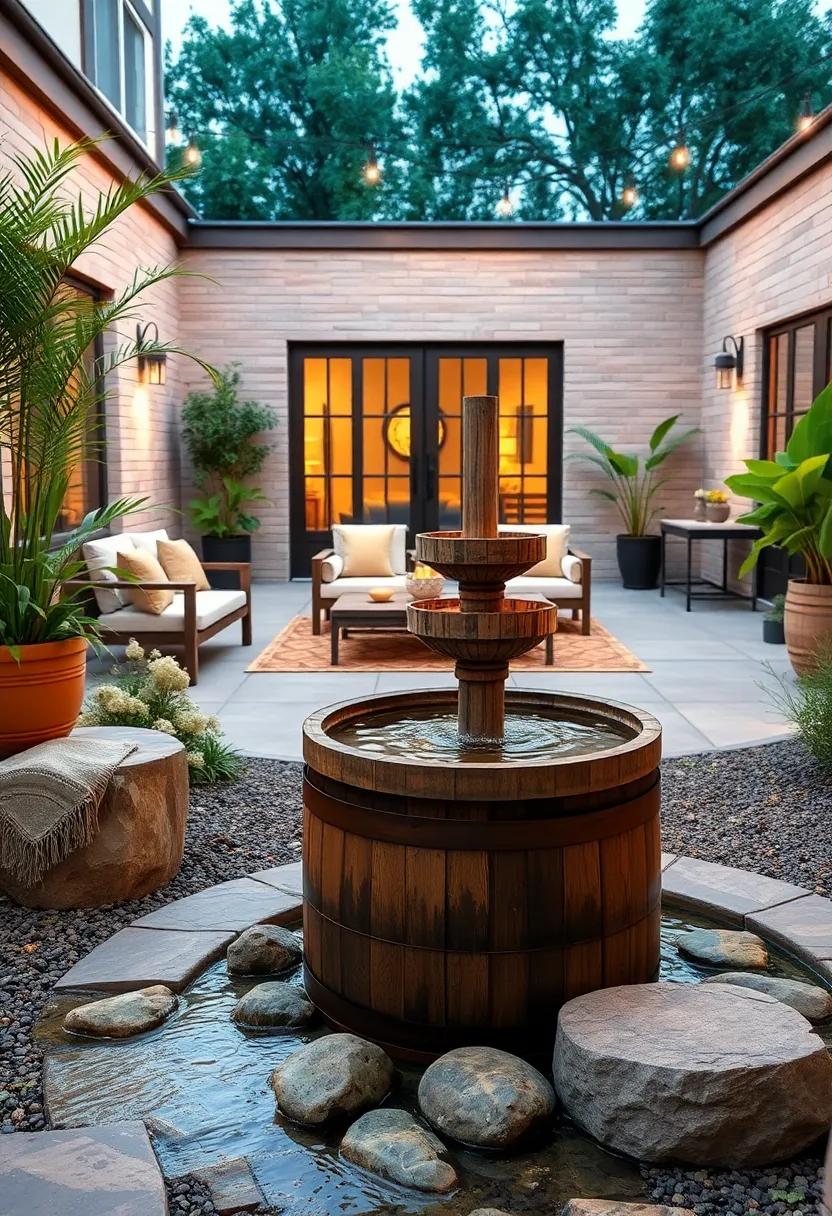 Barrel Pond with a Multi-Tiered Bamboo Water Spout