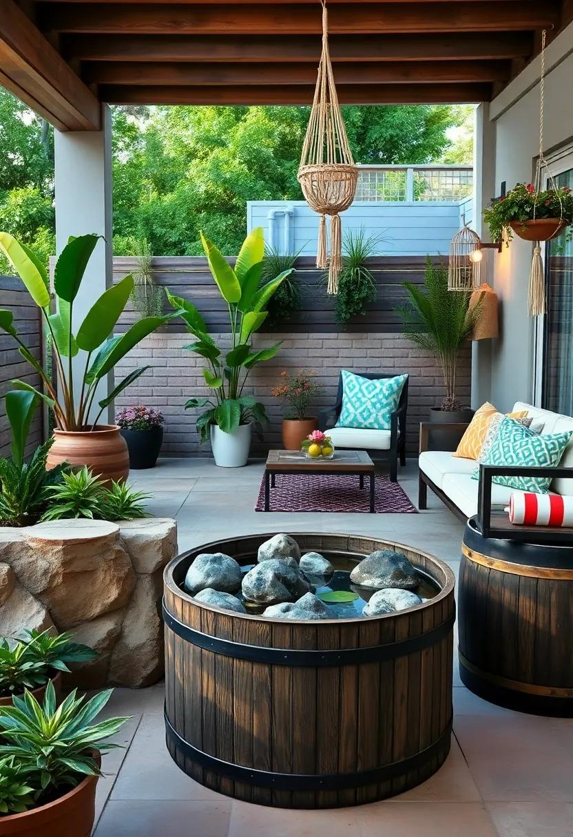 Boho-Chic Barrel Pond with Macrame and Hanging Ornaments
