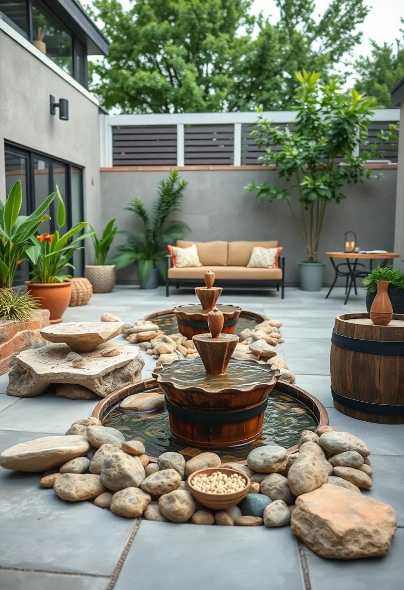 Barrel Pond Lined with River Rocks and Floating Fountains