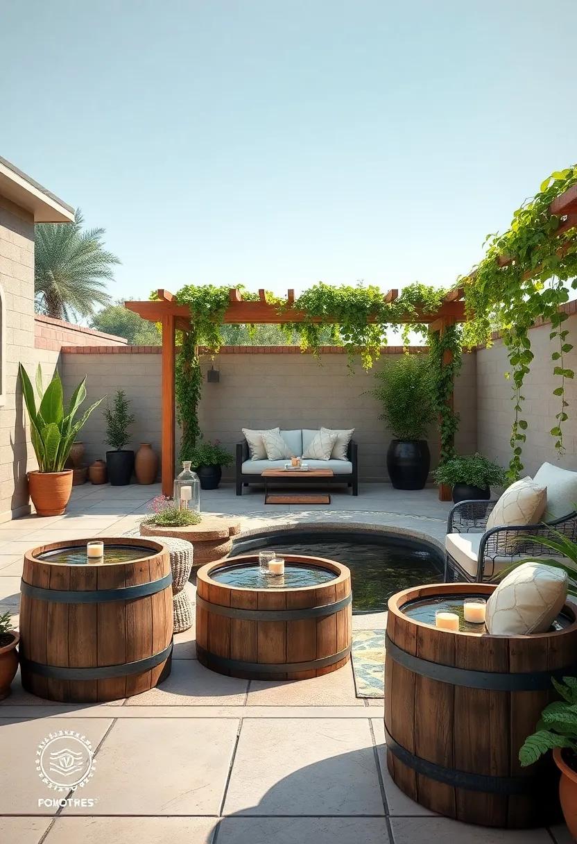 Barrel Pond with a Rustic Pergola and Climbing Vines