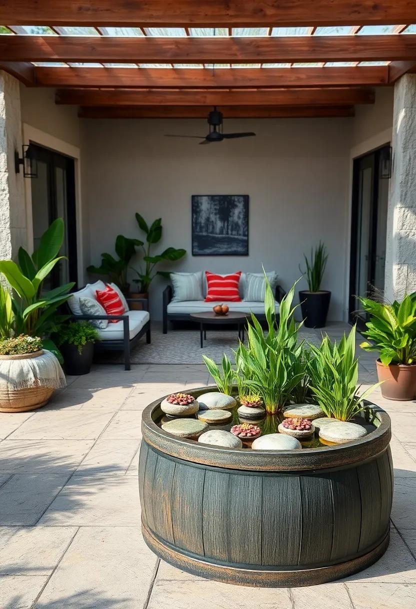 Compact Barrel Pond with Aquatic Plants and Goldfish
