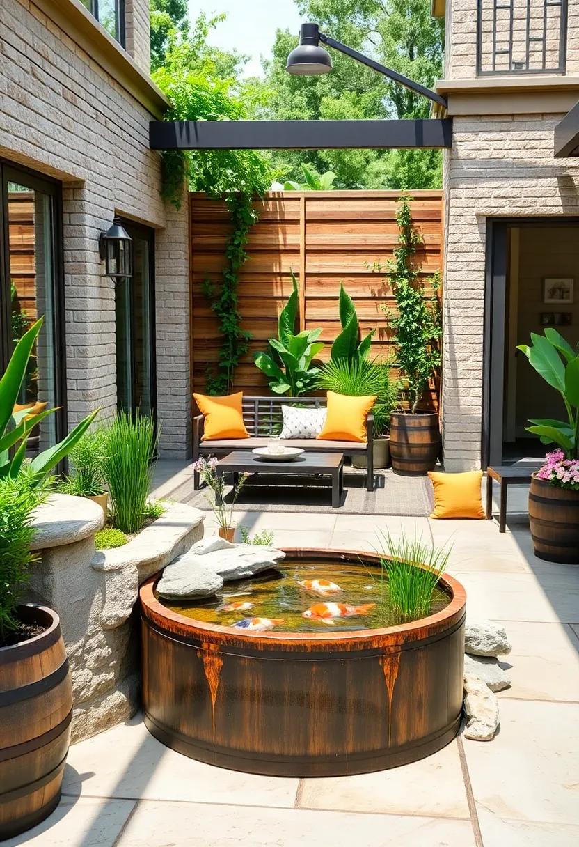 Miniature Koi Pond Crafted from Reclaimed Barrels