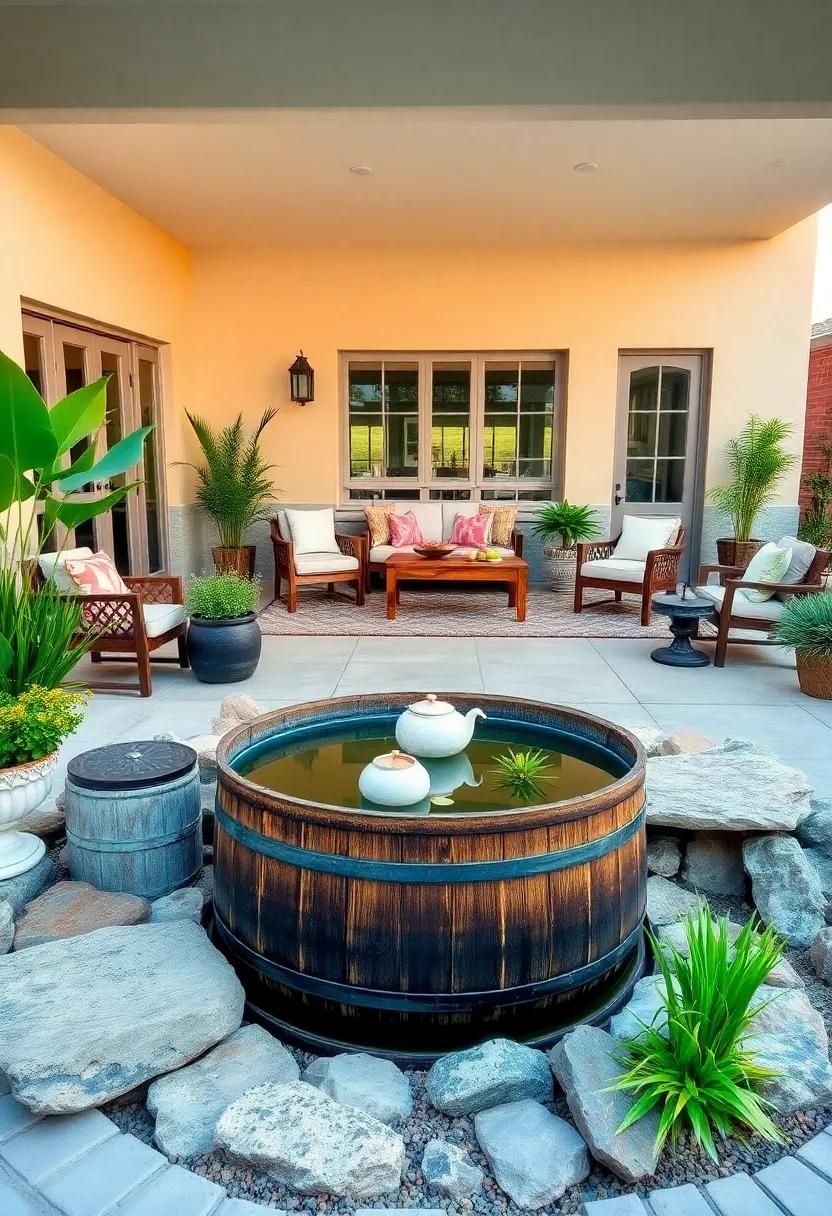Vintage Barrel Pond Surrounded by Natural Stone