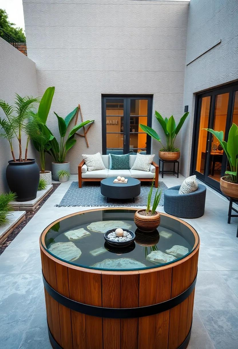 Modern Minimalist Barrel Pond with Clear glass tabletop