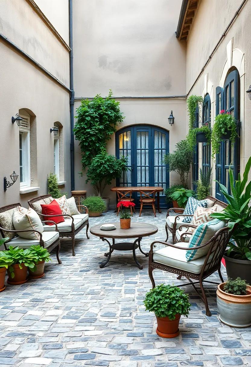 Capture the charm of a European courtyard with cobblestone flooring, vintage garden furniture, and an array of potted herbs for a culinary touch