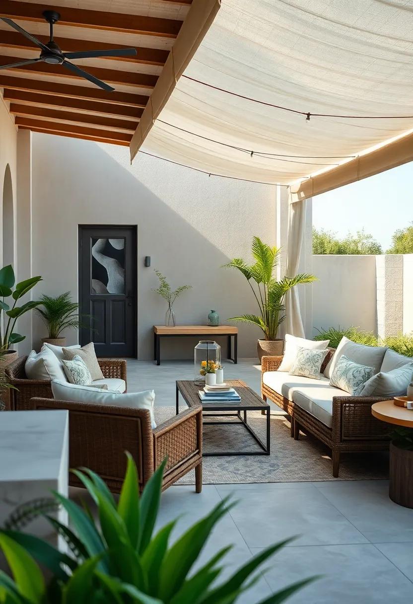 Combine comfort and elegance with plush outdoor sofas paired with classy side tables and an elegant canopy for stylish shade