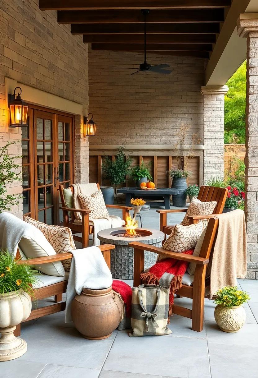 Create a cozy autumn retreat with plush throws draped over rustic wooden chairs, paired with a small firepit for warmth and ambiance