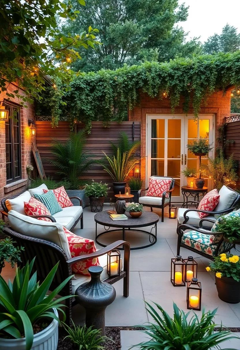 Create a whimsical fairy garden with eclectic furniture pieces and scattered lanterns, perfect for creating a magical atmosphere under the stars