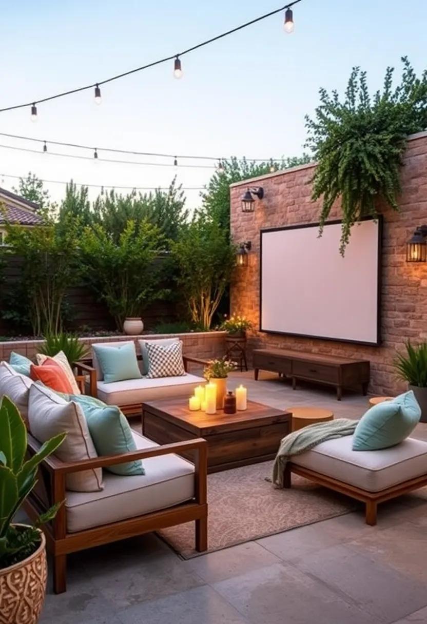 Create an intimate movie night setup with comfy oversized cushions, blankets, and a projector against a garden wall for the ultimate backyard cinema experience